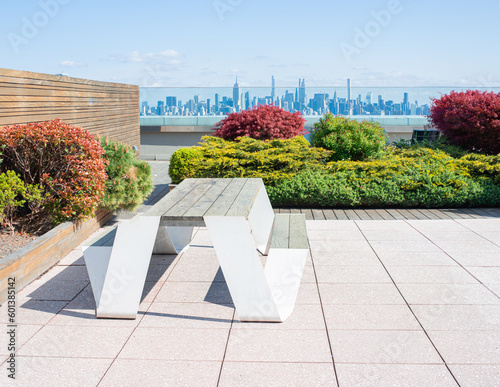 table with wooden top on a sunny terrace with bushy cedars and view over manhettan