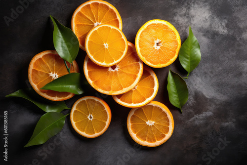 Flat lay top view of orange fruit with cut in half and sliced and leaves on dark background. Generative AI © Golden_hind