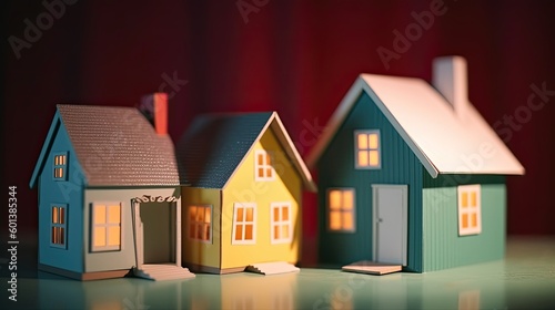 cute paper art of tiny minimalist house a tilt-shift effect, in a studio with solid color background. image for real estate communication. generative AI illustration