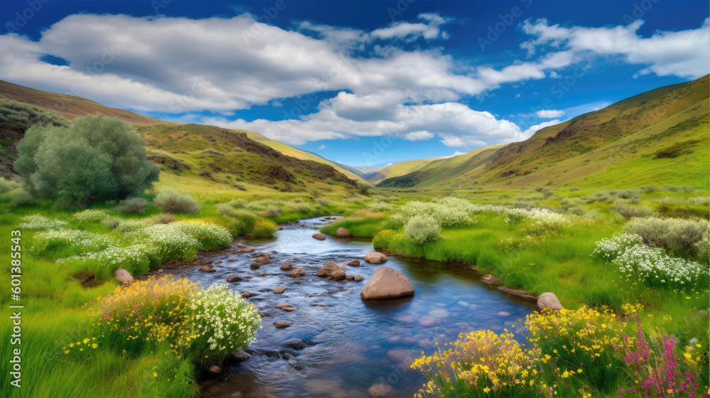 Stunning beauty of nature's vibrant landscape with lush greenery, colorful wildflowers, and a clear, blue sky with fluffy clouds into your shot. Generative AI