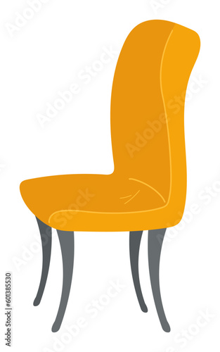 Yellow chair on gray wooden or metal crooked legs. Piece of interior. Minimalistic furniture design. Interior design isolated on white. Modern office armchair. Vector illustration flat style