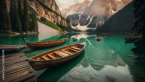 Boats on the Braies Lake ( Pragser Wildsee ) in Dolomites mountains