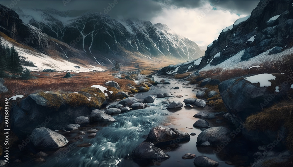 Atmospheric landscape with mountain creek among moraines in rainy weather. Bleak scenery with milky river from snowy mountains. Stones with moss and lichen in water stream. Mountain river among rocks