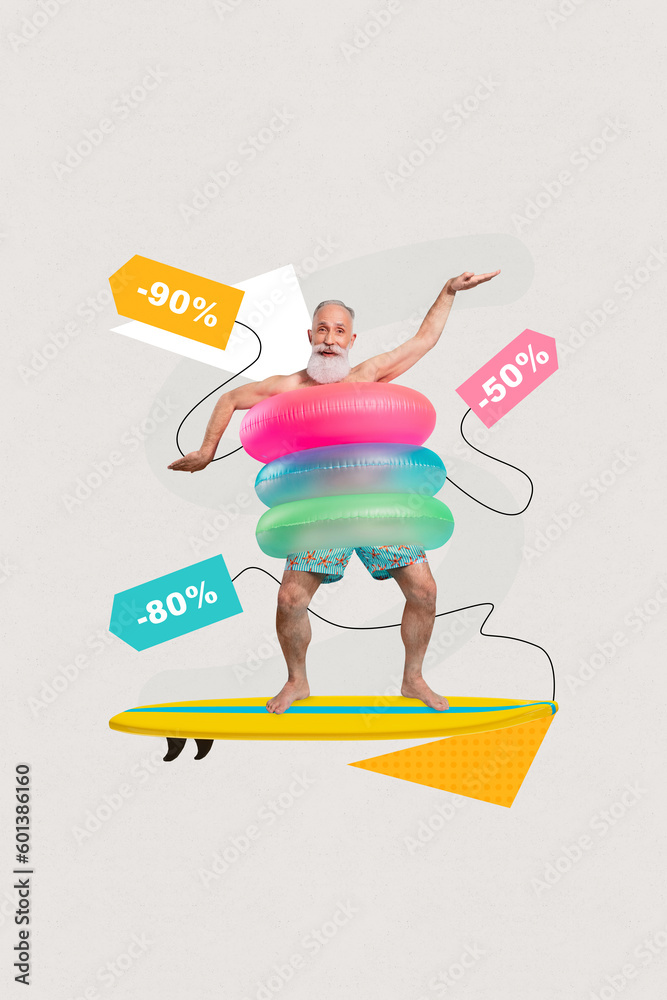 Composite collage of retired shirtless man wear triple inflatable rings dance summer discount shopping surfing isolated on grey background - obrazy, fototapety, plakaty 