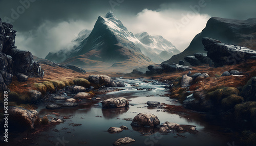 Atmospheric landscape with mountain creek among moraines in rainy weather. Bleak scenery with milky river from snowy mountains. Stones with moss and lichen in water stream. Mountain river among rocks