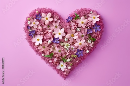 flowers in a heart on a pink background, generative ai