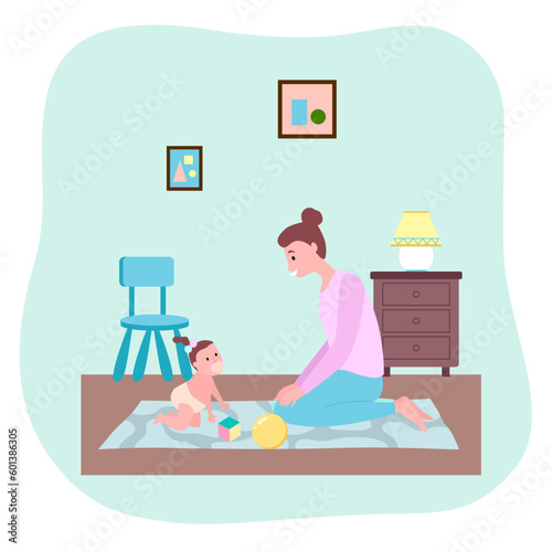 Mother playing with toddler girl at carpet with ball, cube toys. Happy woman looking at her daughter. Parent and child spend time together playing games. Care of young parent. Parenting concept