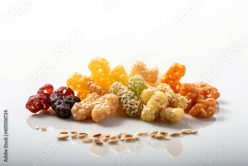 Gangjeong, crunchy rice snacks coated in a sweet syrup, generative AI food on white background photo