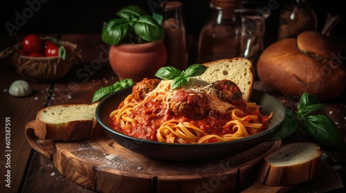 pasta in a bowl with bread. Generative AI