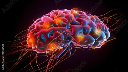 Neuroplasticity concept, featuring glowing brains interconnected with abstract wiring. Brain's incredible ability to reorganize itself by forming new neural connections throughout life. Generative AI photo
