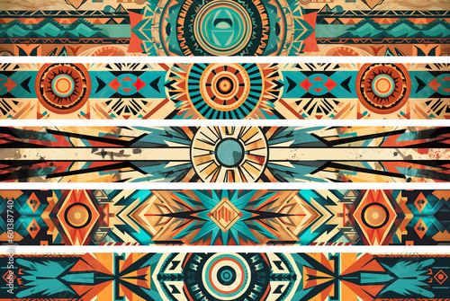 Set of colorful banners, abstract tribal design with geometric shapes. Generative AI.