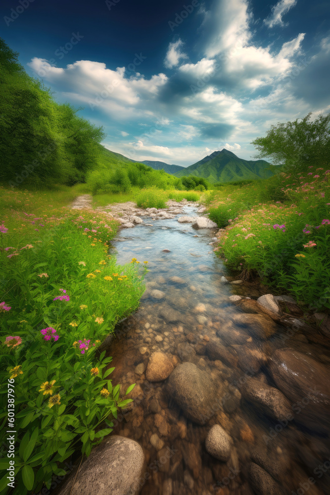 Stunning beauty of nature's vibrant landscape with lush greenery, colorful wildflowers, and a clear, blue sky with fluffy clouds into your shot. Generative AI Stunning beauty of nature's vibrant landscape with lush greenery, colorful wildflowers, and a clear, blue sky with fluffy clouds into your shot. Generative AI