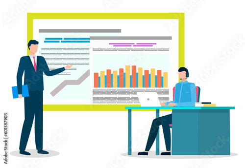 Medical insurance two analytics making report on board with graphs and charts and communicating with clients on laptop isolated vector illustration. Business people online consultants, table and chair