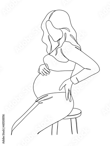 Continuous one line drawing of pregnant woman. Vector illustration.