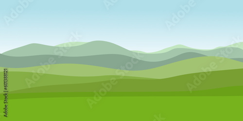 Panoramic Nature landscape with mountains, hills, green field and blue sky. Summer Season Banner. illustration in flat cartoon style. Vector
