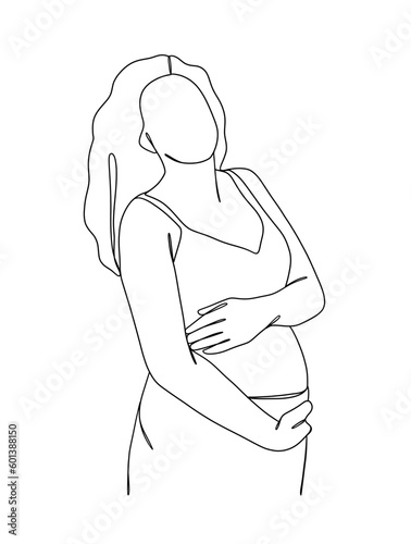 Continuous one line drawing of pregnant woman. Vector illustration.