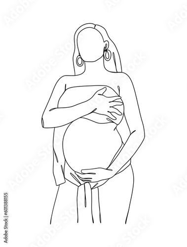 Continuous one line drawing of pregnant woman. Vector illustration.