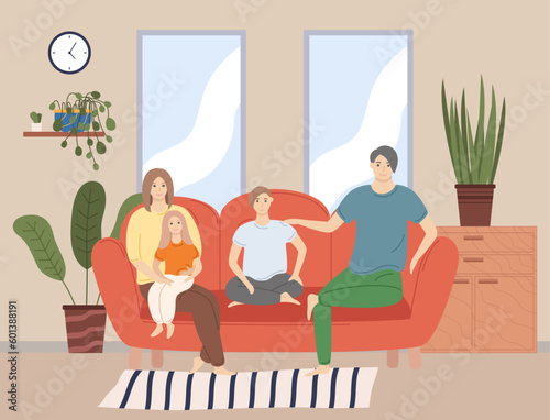 Smiling young happy family on sofa portrait. Man, woman and their children in living room vector illustration. Mother, father, daughter and son sitting and hugging together on the couch at home