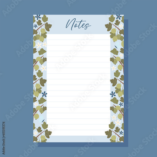 Printable notes concept with green gooseberry plant illustration, vector