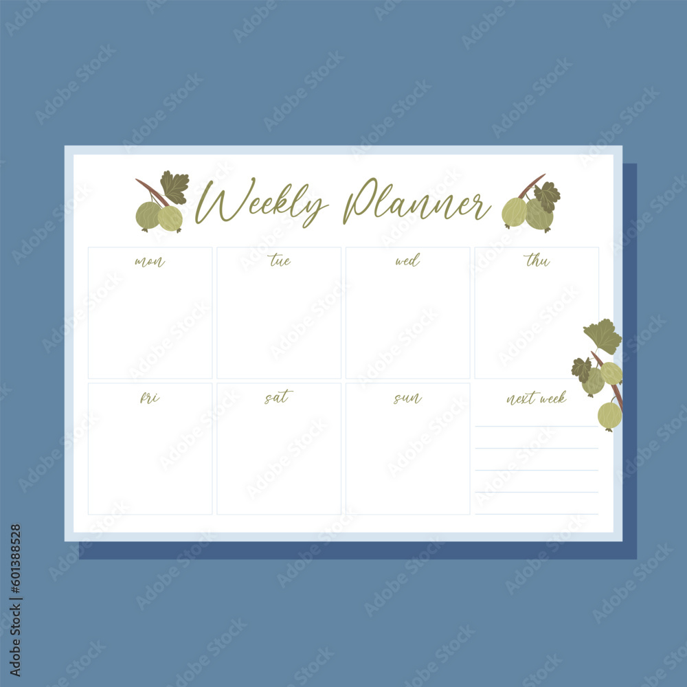 Fototapeta premium Printable weekly planner concept with green gooseberry plant illustration, vector
