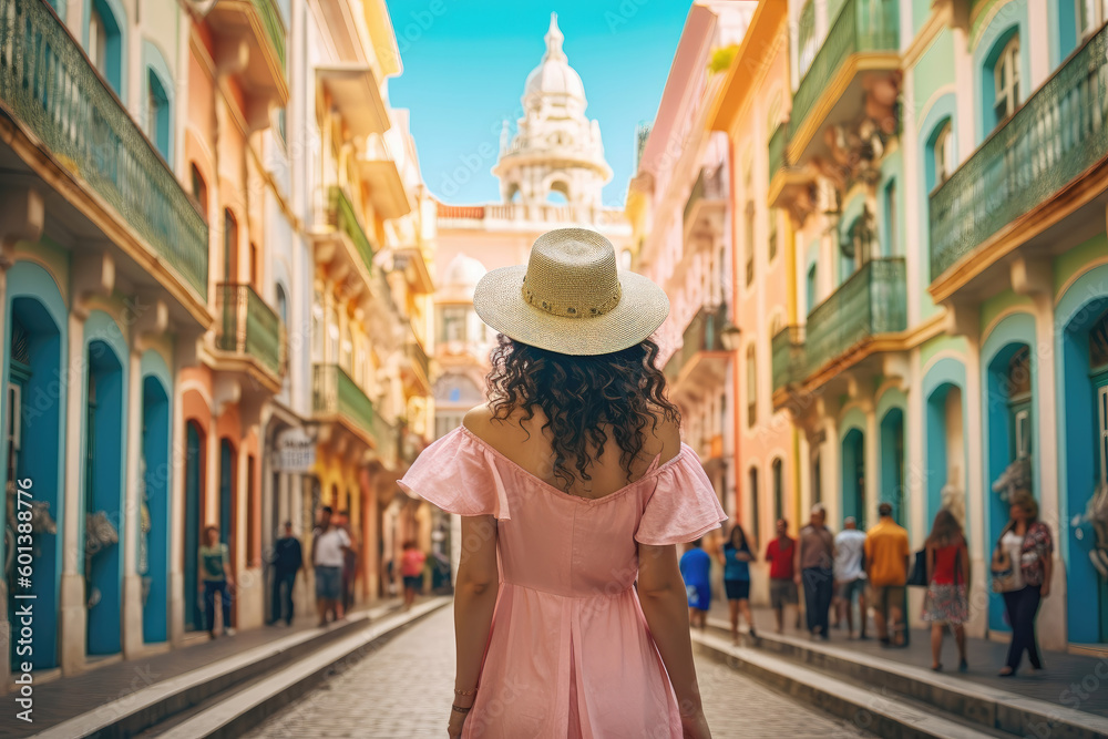 Obraz premium The beautiful tourist young woman taking pictures in the wonderful and cozy European cities .