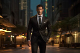 A successful confident businessman walking in the streets of a big metropolitan city.