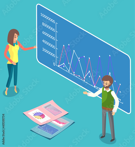 Woman office worker gives a report explains for a man, cheerful girl standing near demo poster with performance charts and digital data. Business presentation and project management concept banner