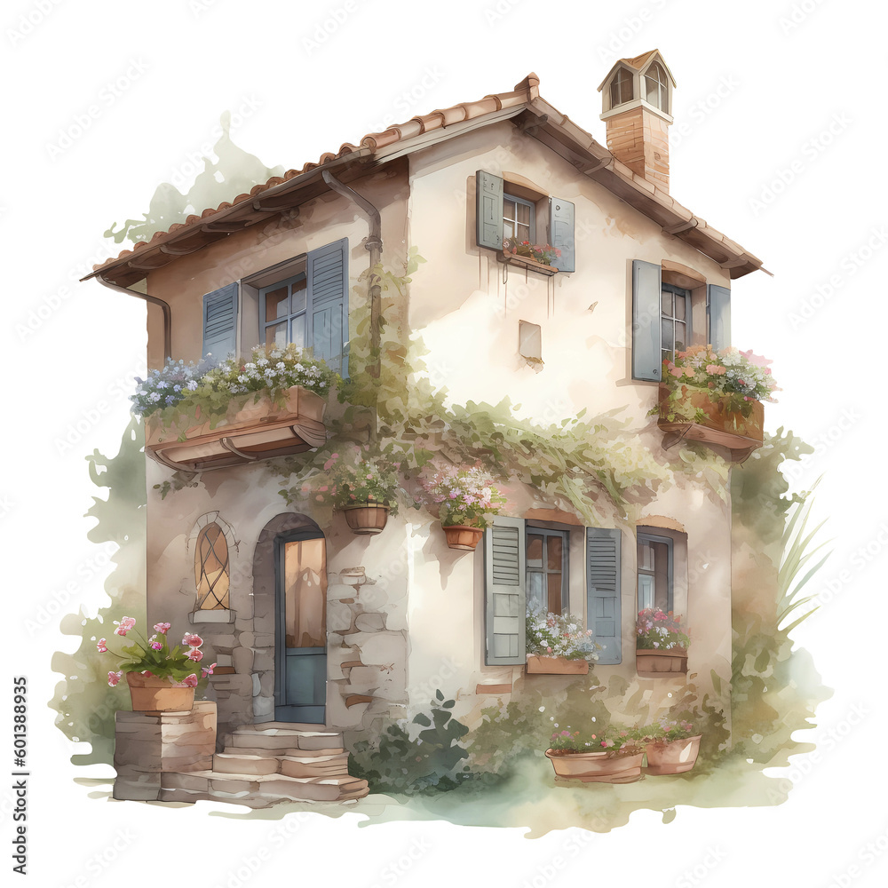 Cozy Cottage in Tuscany Watercolor, Cottage core, made with generative AI