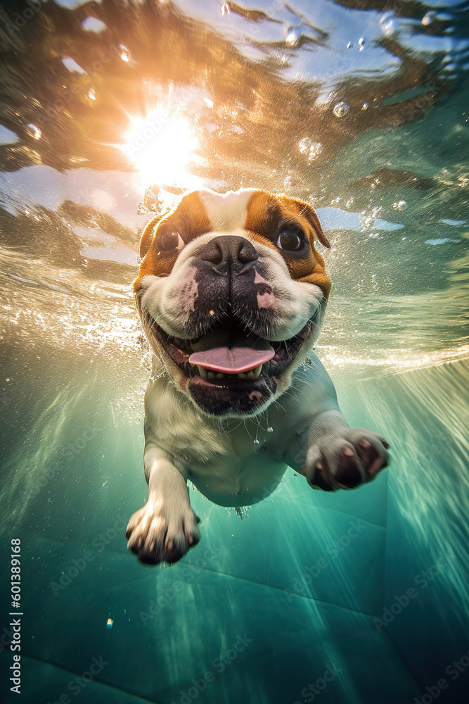 Funny dog swimming underwater, Generative AI.