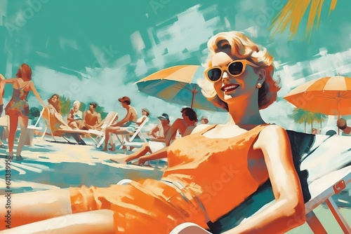 Happy Woman With Sunglasses in Beach and Vacation Scene From the 1950s/1960s in Teal and Orange Retro Style – Generative AI