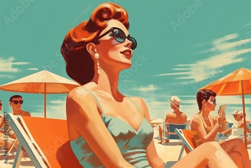 Woman With Sunglasses in Beach and Vacation Scene From the 1950s/1960s in Teal and Orange Retro Style – Generative AI