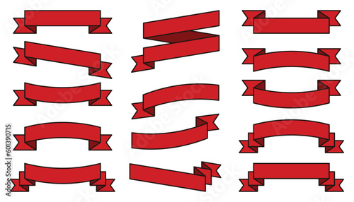 set of flat design ribbon icon with red color, vector illustration of charter ornament, certificate, banner.	
