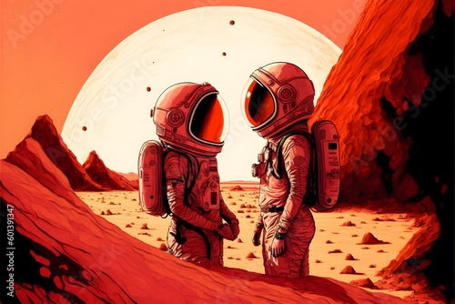 A pair of two astronauts facing each other, illustration generated by AI photo