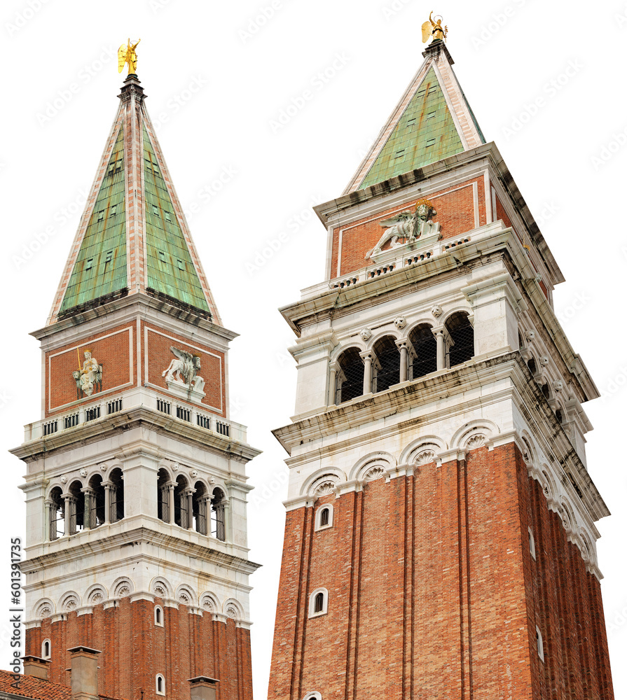 Venice, Campanile di San Marco (bell tower of Saint Mark), isolated on white or transparent background. Saint Mark square, UNESCO world heritage site, Veneto, Italy, Europe. Png.