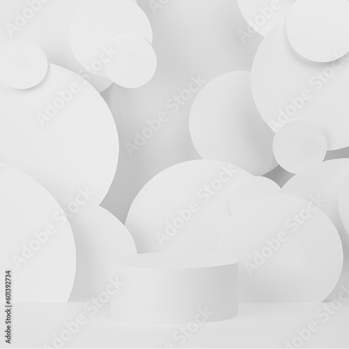 White abstract stage with one cylinder podium mockup with pattern of circles fly as decor in urban geometric style, scene template for presentation cosmetic products, goods, design, square.