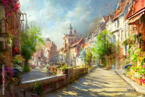 An old town full of summer flowers oil painting, nostalgic beautiful art illustration. Generative Ai.