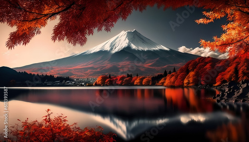 mountain with red leaves and a red tree