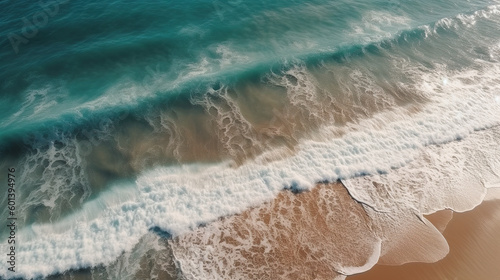 Ocean waves on the beach as a background. Beautiful natural summer vacation holidays background. Aerial top down view of beach and sea with blue water waves © Yaroslav