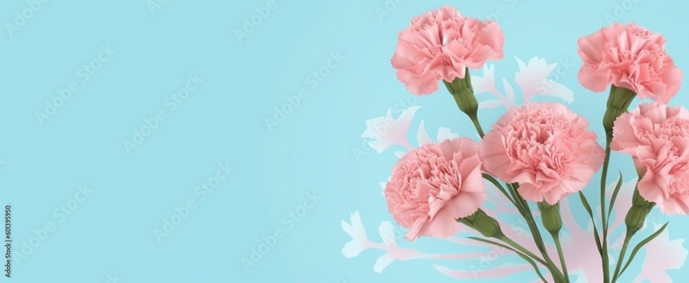 Pastel Blue Floral Background , Carnation Flowers Watercolor Wallpaper, Mother's Day Concept, Generative AI