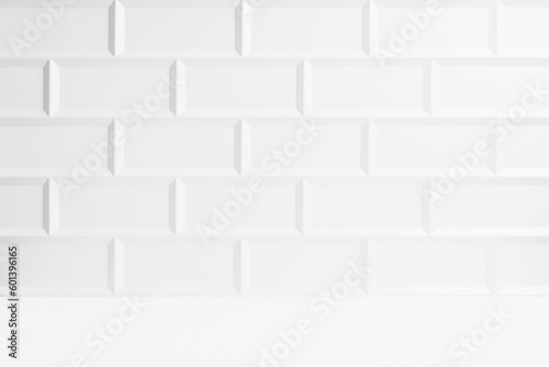 White abstract scene mockup with glossy ceramic rectangle tile wall, wood surface as floor for display, presentation of cosmetic products, goods, design. Elegant stage in summer mediterranean style.