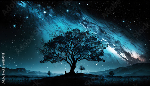 A blue tree with a starry sky 