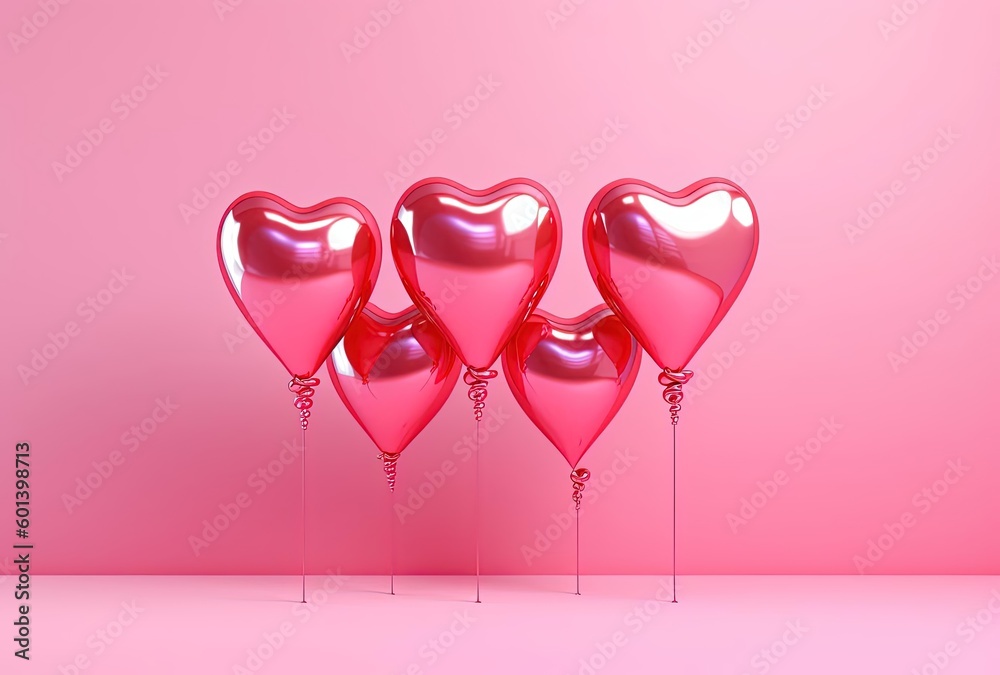 four shiny pink balloons on a pink background, generative ai