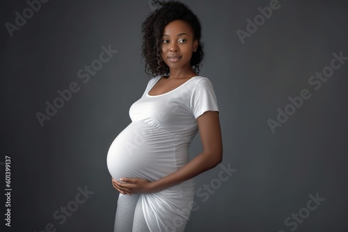 pregnant afrian american woman in dress posing on a dark background photo