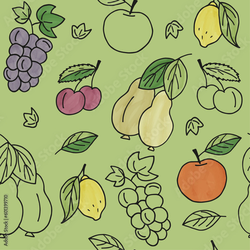 Fototapeta Naklejka Na Ścianę i Meble -  Seamless color pattern with different delicious fruits on a green background. Hand drawn vector illustration cartoon style, for posters, seasonal design, wrapping paper, design of kitchen towels