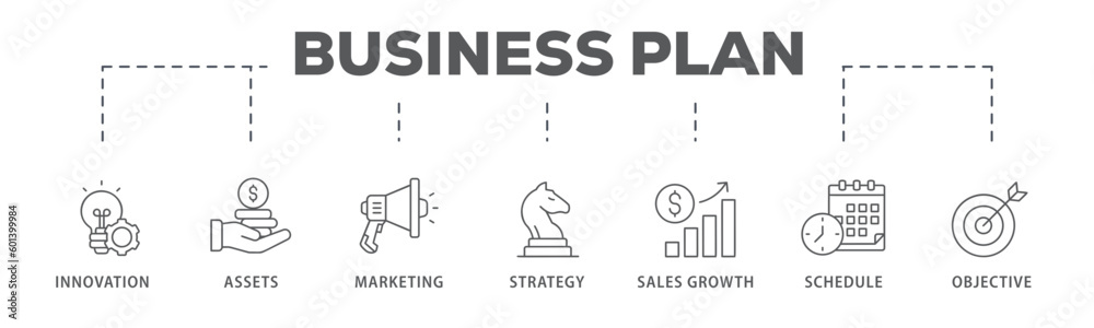 Business plan banner web icon vector illustration concept with icon of innovation, assets, marketing, strategy, sales growth, schedule, and objective
Business plan banner web icon vector illustration concept with icon of innovation, assets, marketing, strategy, sales growth, schedule, and objective
