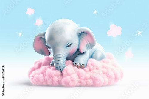 Fototapeta Lindo elefante entre nubes de algodon rosa y cielo azul durmiendo. Ilustracion de IA generativa