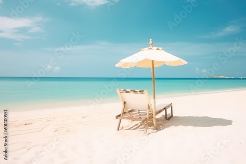 beach chairs and umbrella on the beach, ai generative © nataliya_ua