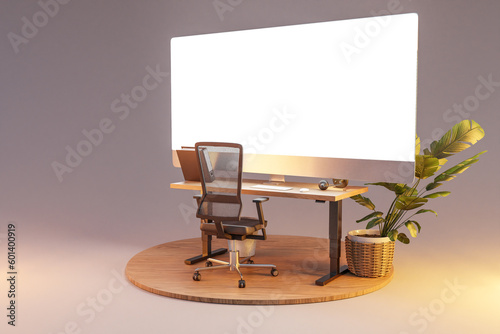 Fototapeta Naklejka Na Ścianę i Meble -  single isolated computer workspace on wooden podium with giant widescreen monitor; freelance and home office concept; 3D Illustration