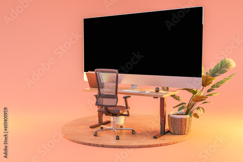 single isolated computer workspace on wooden podium with giant widescreen monitor; freelance and home office concept; 3D Illustration photo