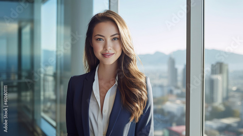 Confident and happy businesswoman wearing a suit in a spacious, sleek office with a breathtaking city skyline view. Generative AI